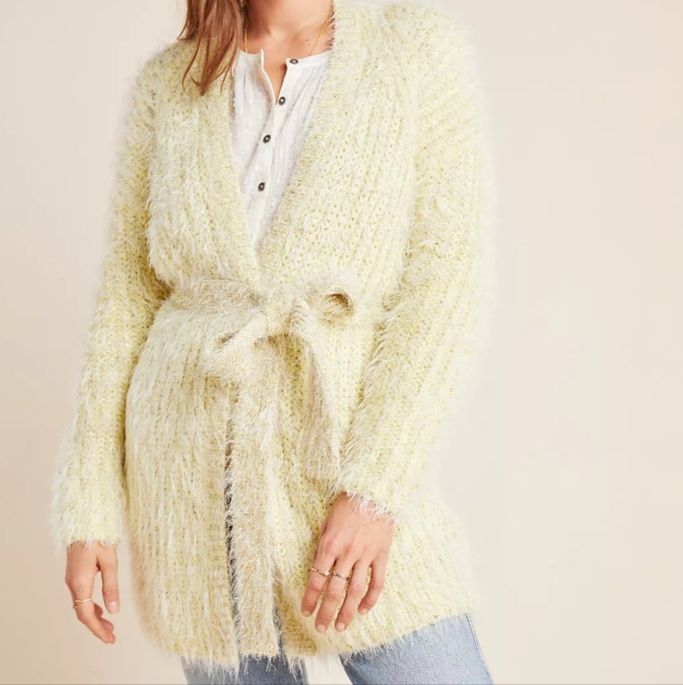 By Anthropologie Larkin Shimmer Belted Tie Waist Cardigan Yellow Metallic Cozy S